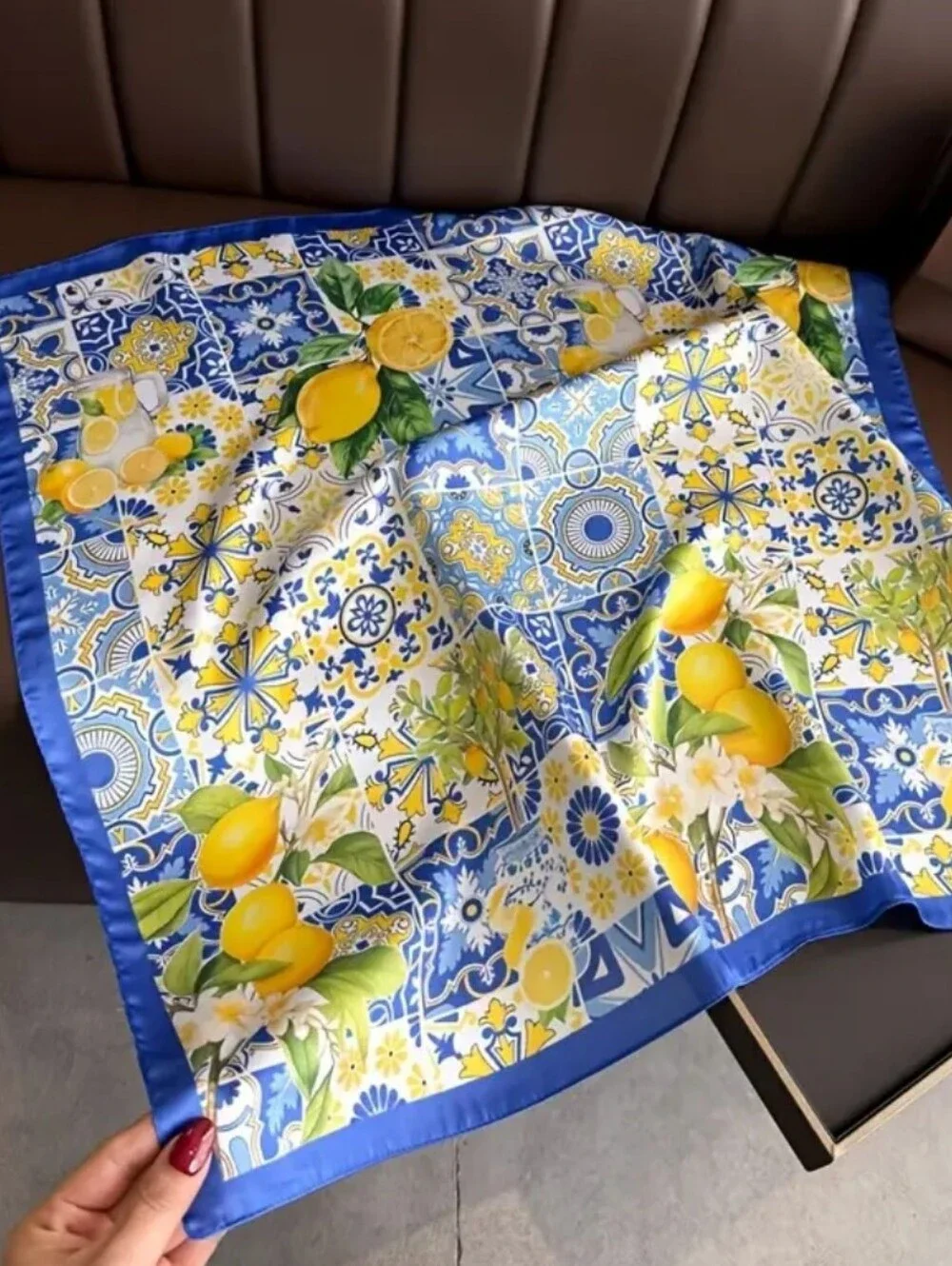 Silk'-Feel Blue & Yellow Lemon Print Scarf Women Head Scarf, Neck Scarf
